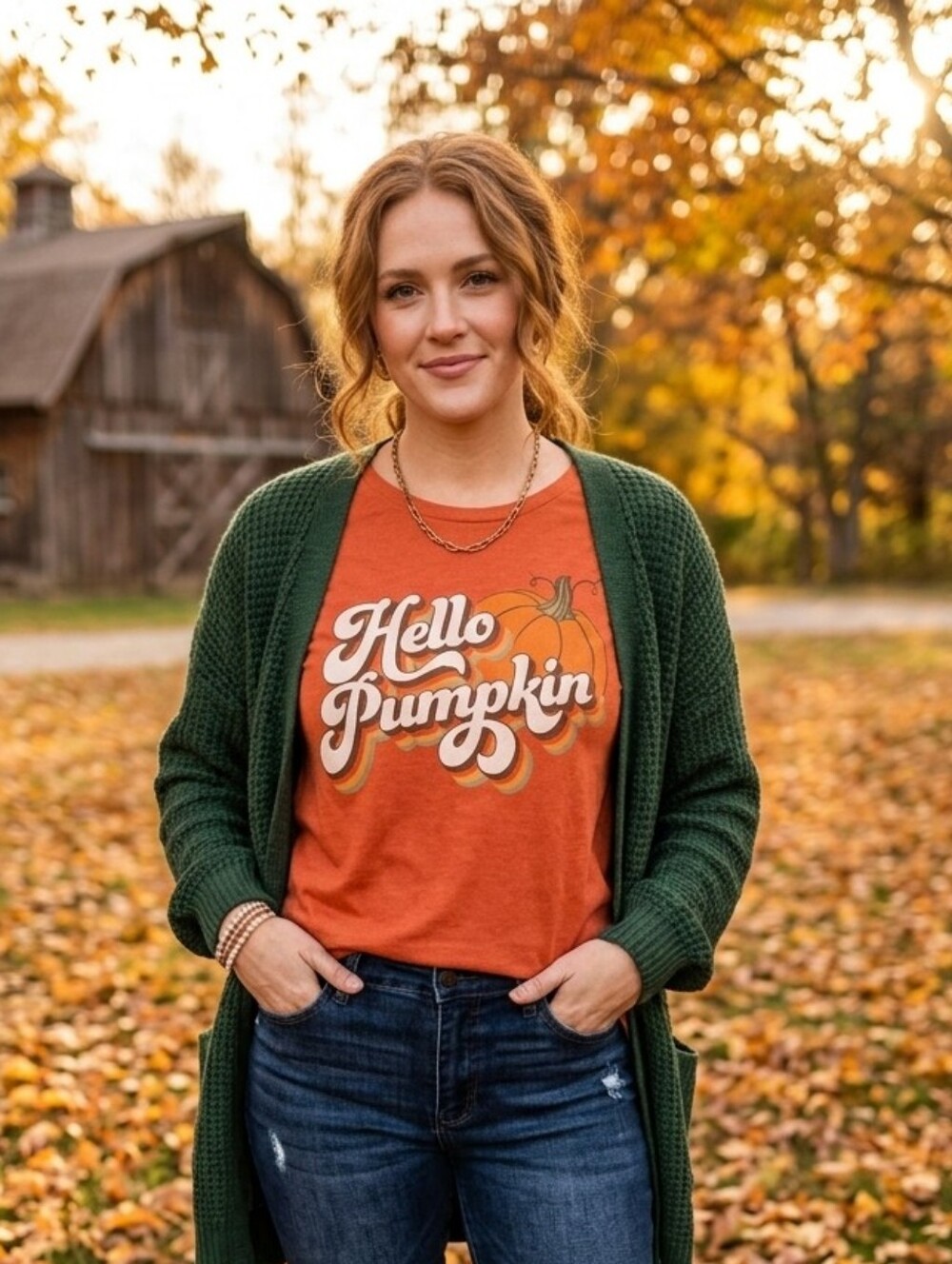 State of Mind Orange Graphic Tee with Dark Green Cardigan